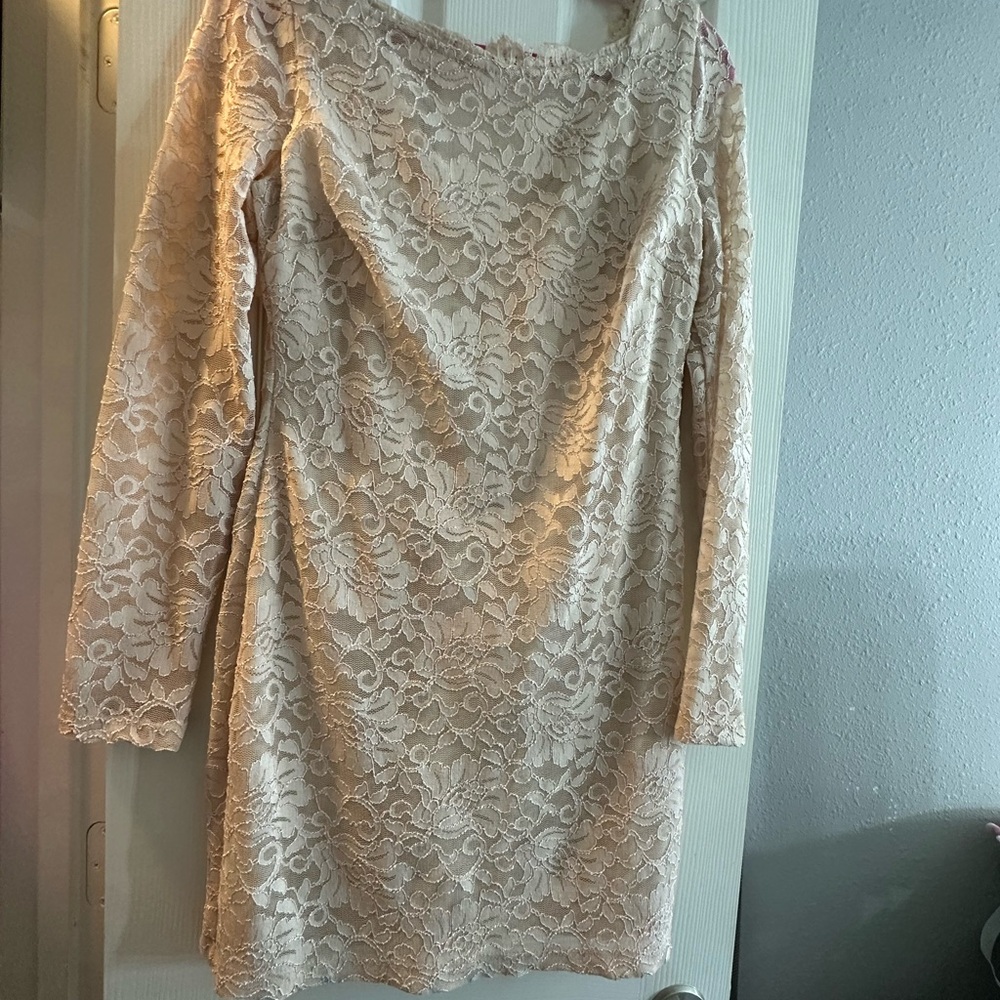 Teeze Me Cream Lace Long Sleeve Dress